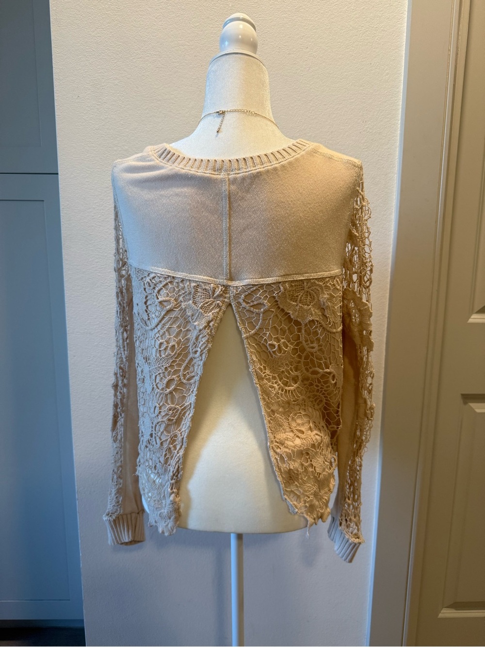Free People Beige Lace-Back Open Split Sweater